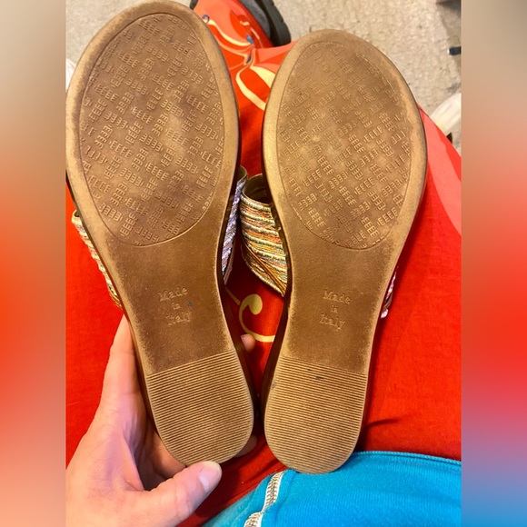 Italian Shoe Makers Soft Brown Leather Sandals Woven Metallic Rainbow Thong 9.5 - Picture 13 of 16